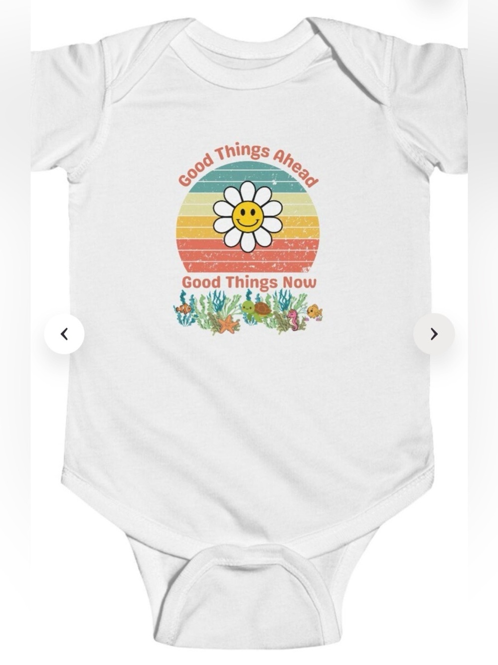 White Baby Bodysuit with Smiley Daisy and Rainbow Graphic